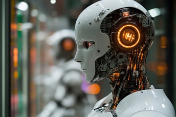 Fototapeta premium Advanced humanoid robots showcased in a modern exhibition hall during an evening event