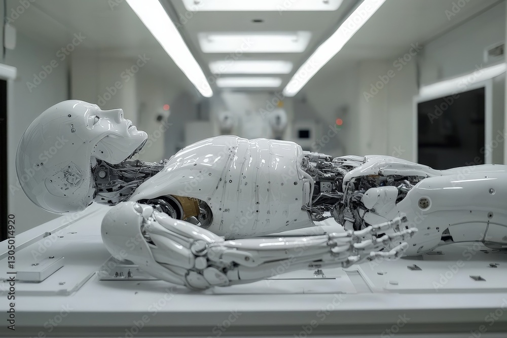 Aufkleber Robotic figure lies on a white examination table in a futuristic laboratory during a simulation test for advanced technology