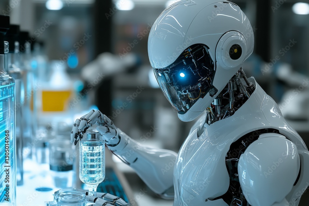Poster robot conducts experiment in a futuristic laboratory during advanced scientific research