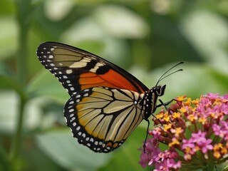 Monarch Butterfly in Garden Blooms: Macro Photography of Orange and Black Wings in Nature