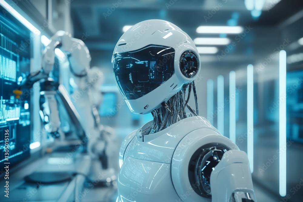 Poster Futuristic robot with transparent visor stands in a high-tech laboratory illuminated by blue lights and digital screens