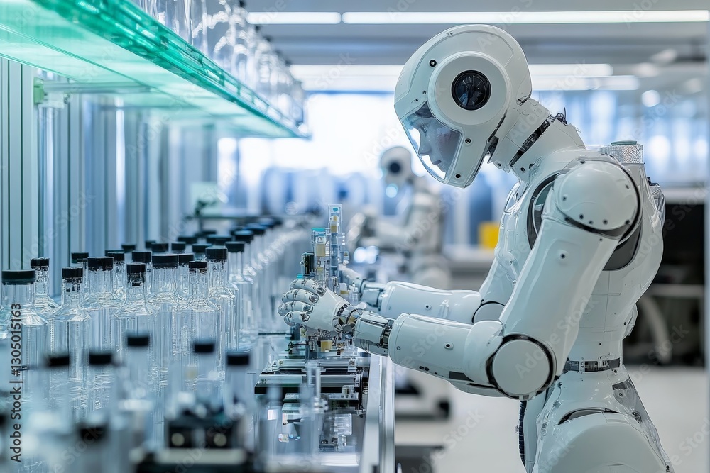 Poster Advanced robotic system conducting experiments in a modern laboratory setting filled with glass vials