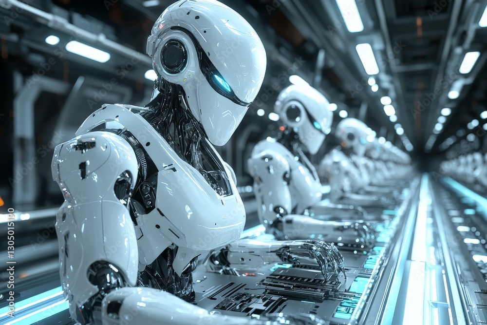 Aufkleber Futuristic robots working on an assembly line in a high-tech manufacturing facility at night