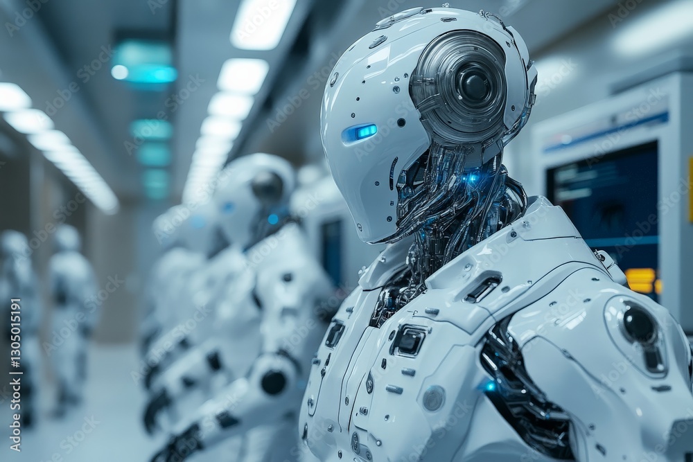 Poster Advanced humanoid robots standing in a futuristic city environment with neon lights and technology in the background