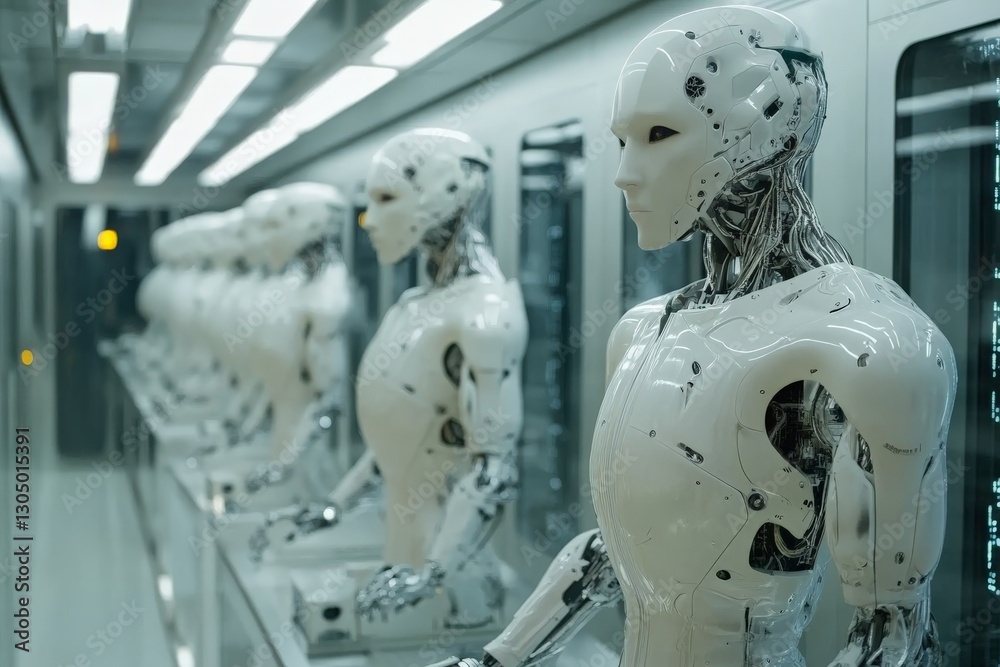 Poster Advanced humanoid robots displayed in a high-tech laboratory environment showcasing futuristic technology and design elements