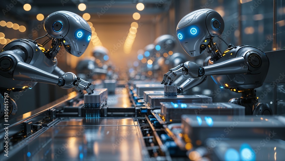 Poster robots assembling products on a futuristic production line in an automated factory setting