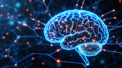 Dynamic digital illustration of a glowing brain with neural connections, depicting technological and scientific themes, emphasizing neural networks, innovation, and data processing