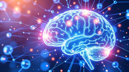Dynamic digital illustration of a glowing brain with neural connections, depicting technological and scientific themes, emphasizing neural networks, innovation, and data processing