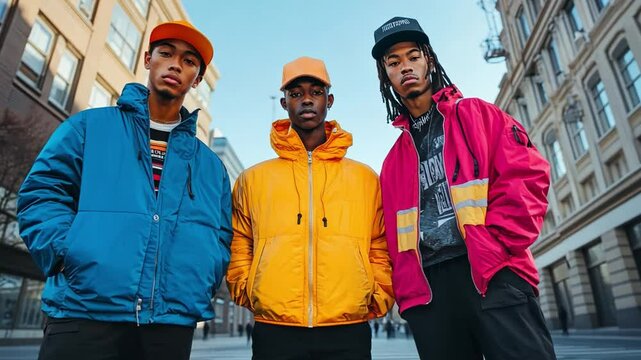 Urban Style Trio: Three young men with vibrant personalities and diverse fashion choices stand confidently in an urban setting, radiating coolness and a sense of modern style.  