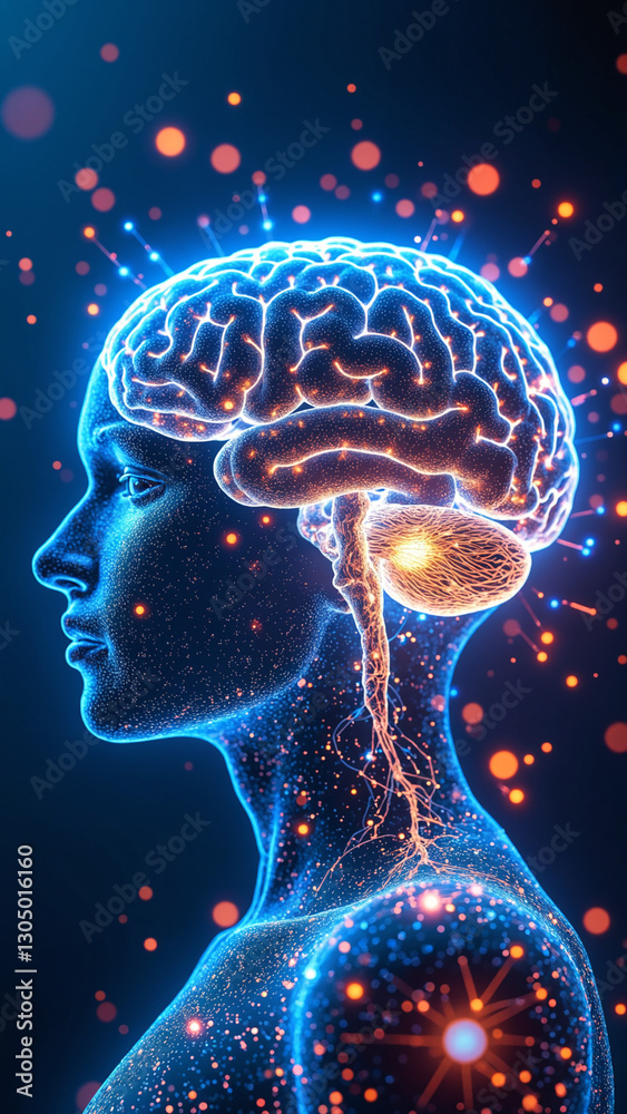 Aufkleber Dynamic digital illustration of a glowing brain with neural connections, depicting technological and scientific themes, emphasizing neural networks, innovation, and data processing