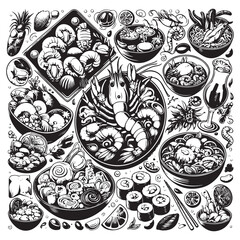 Festive seafood dishes food cooked modern delicacies with a presentation on the plate vector illustration. Delicious dishes: salads and soups of shrimp, crab, mussels, baked fish, rolls, sushi, octopu