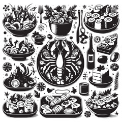 Festive seafood dishes food cooked modern delicacies with a presentation on the plate vector illustration. Delicious dishes: salads and soups of shrimp, crab, mussels, baked fish, rolls, sushi, octopu