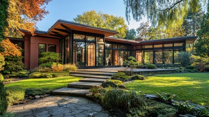 Obraz premium Geometric Contemporary Mansion with Sunlit Gallery