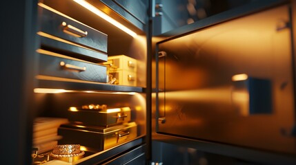 A close-up view of a secure safe filled with various valuable items, showcasing elegance and security. The warm lighting enhances the richness of the contents, inviting curiosity.