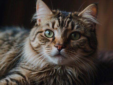 Adorable Siberian Tabby Cat with Green Eyes Relaxing Indoors - Close-up Portrait