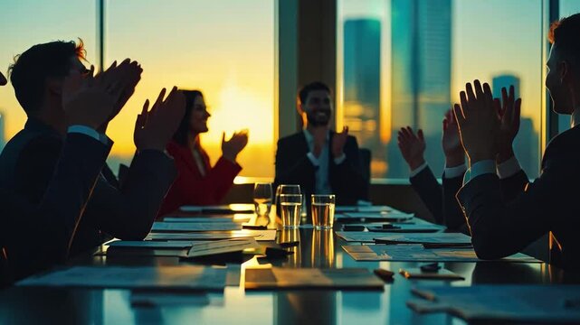 A business meeting is captured in a sunlit, high-rise office. The team claps and celebrates while seated at a table.