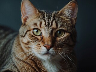 Adorable Tabby Cat Close-Up Portrait: Green-Eyed Feline with Striped Fur