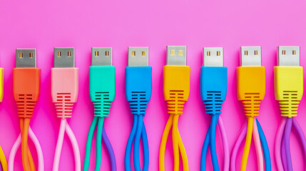 Colorful USB cable collection on pink backdrop, technology for connection and transfer purpose, modern device for data transmission, bright colors
