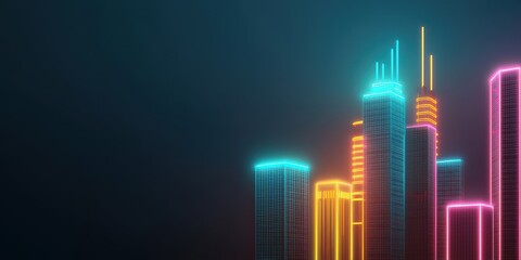 peak energy demand concept. Neon skyline with futuristic buildings against a dark background.