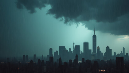 Fototapeta premium Dark storm clouds over city skyline with heavy rain