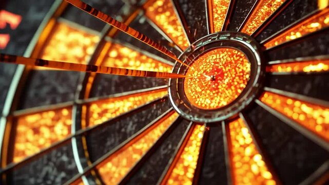Burning Ambition: A fiery dart board with glowing orange and yellow flames radiating outwards, evokes a sense of intense passion and relentless pursuit of success.