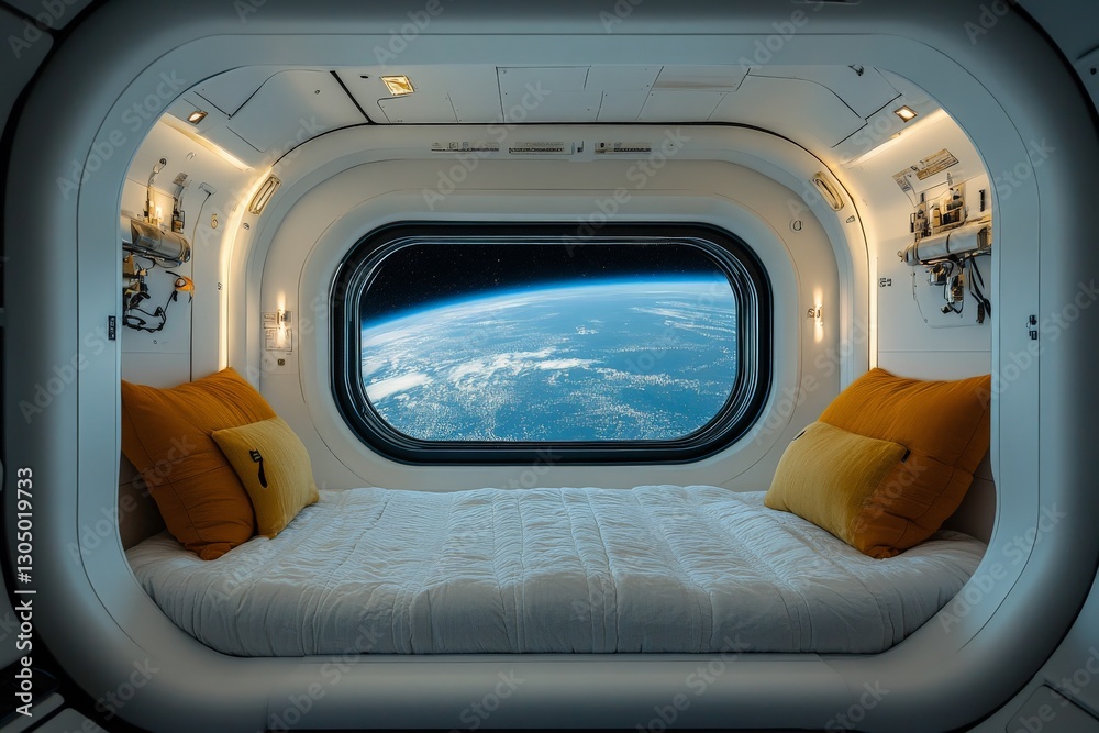 Aufkleber Unique outer space bedroom with breathtaking view of Earth from space at dawn
