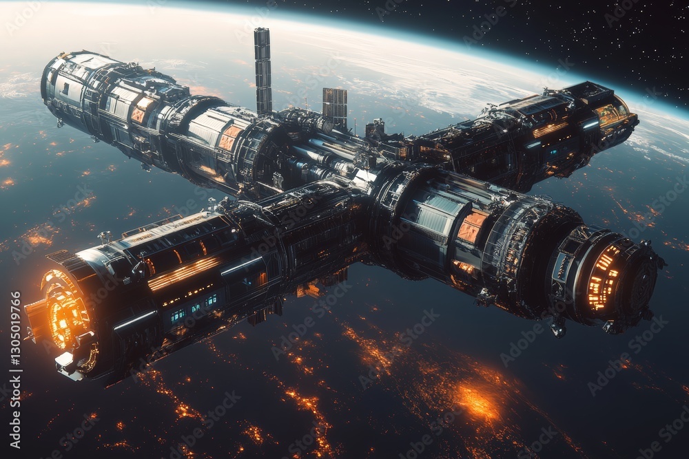 Poster space station in orbit above earth showcasing advanced technology and beautiful planet views at nigh
