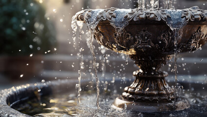 Water flows gracefully from the intricately designed spout of a decorative fountain, creating a calming atmosphere in a serene garden during daylight