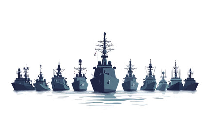 A digital illustration depicting a fleet of warships in profile view against a white background. The ships are rendered in shades of dark blue, creating a silhouette effect.  The central