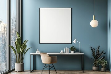 Minimalist workspace with a blank white poster on a blue wall, a modern desk, a beige chair, and indoor plants, ideal for design mockups and branding presentations