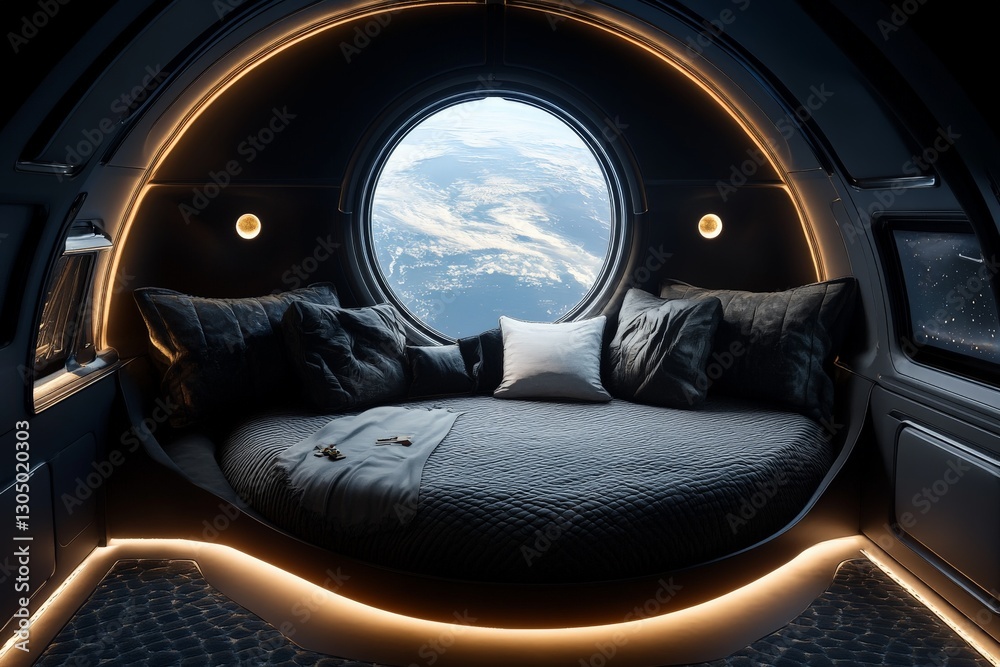 Aufkleber Relaxing in a futuristic space cabin with views of Earth from the window during a cosmic journey