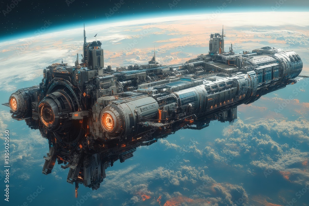 Aufkleber Spaceship hovering above planet with intricate design and glowing engines