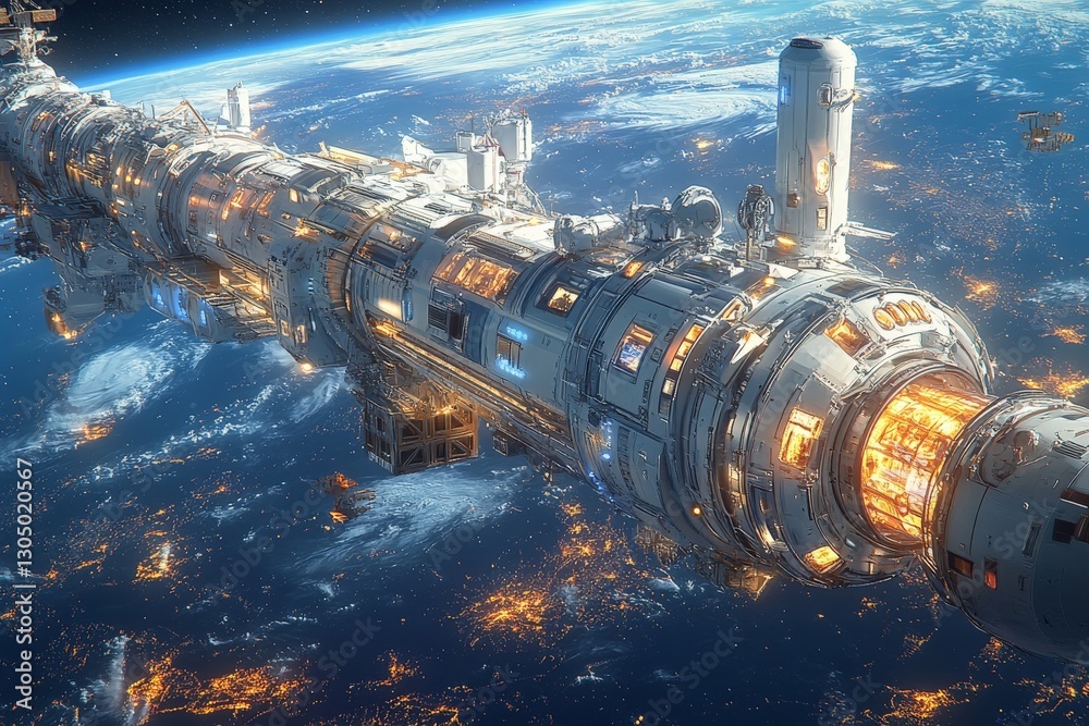 Aufkleber Spaceship floating in orbit above Earth showcasing advanced technology and illuminated interiors