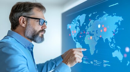 Man presenting global data pointing at interactive world map display on screen