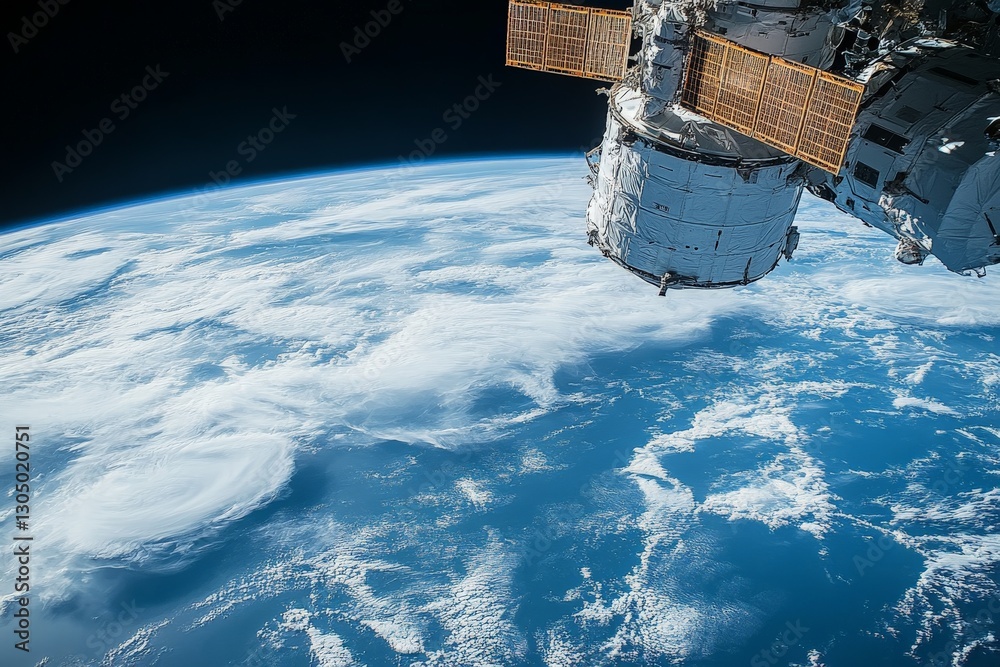 Poster view of earth from the international space station with visible storm systems over the ocean