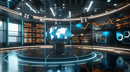 A modern, high-tech news studio featuring a large digital globe, data visuals, and sleek design elements