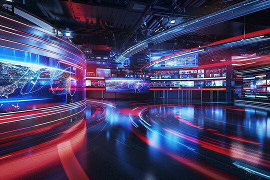 A modern news studio featuring vibrant neon lights and advanced technology, creating a dynamic environment for live broadcasts and journalism.