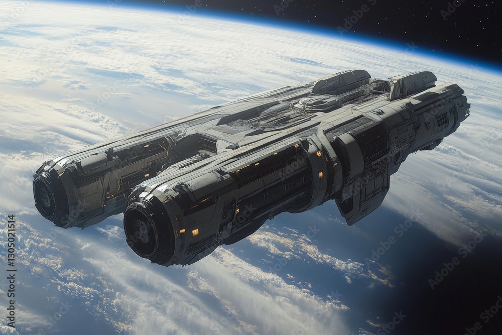 Aufkleber Spaceship navigating the orbit of Earth, showcasing advanced technology and design against the backdrop of clouds