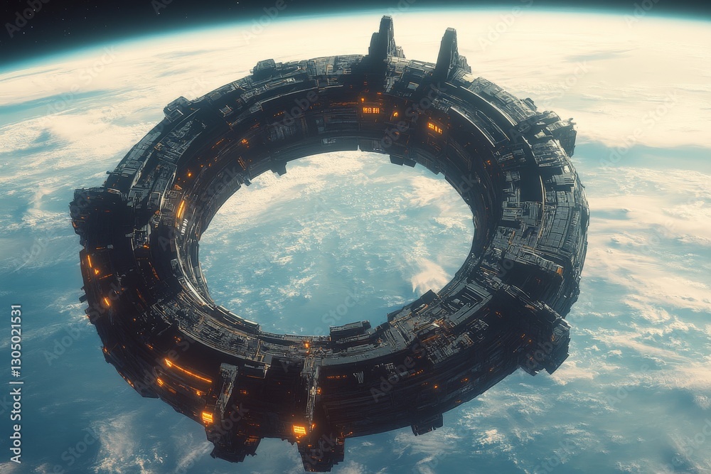 Poster large futuristic space station or structure orbiting earth with glowing elements during daylight