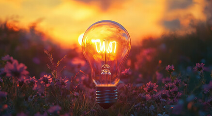 A large light bulb stands among colorful flowers, casting a warm glow as the sun sets in the background, creating a magical atmosphere in nature's beauty