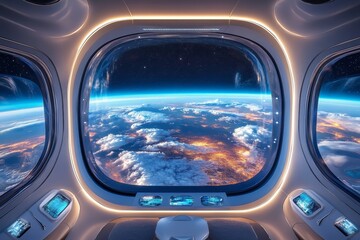 Naklejka premium View of Earth from a futuristic space cabin showing clouds and city lights at night