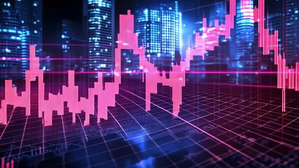 Financial Downturn: A digital illustration captures the essence of a financial downturn, with a stock market graph cascading downwards amidst a city's towering buildings. - Powered by Adobe