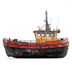 Fototapeta premium An image of an old, rusty tugboat on a white background. The tugboat is red and black, and shows signs of age and wear. 3d Transportation isolated in white background. Rusty Tugboat