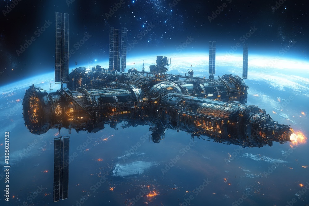 Aufkleber spaceship drifting in low earth orbit with glowing engines during a starry night