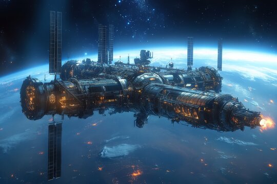 Spaceship drifting in low Earth orbit with glowing engines during a starry night - Powered by Adobe