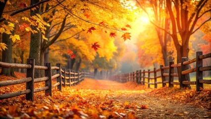 Golden Autumn Pathway A Serene Stroll Through a Rustic Wooden Fence Lined with Vibrant Fall Foliage and Sunlit Trees
