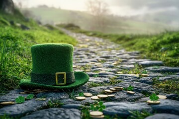 Happy St. Patrick's Day Background, a Leprechaun hat placed on a cobblestone path surrounded by scattered gold coins and shamrocks, with a misty Irish countryside in the background