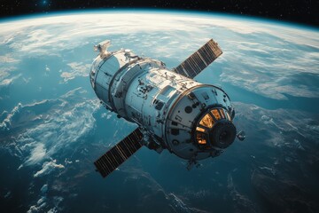 Obraz premium Expedition module orbits Earth showcasing advanced technology and breathtaking views