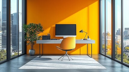 Fototapeta premium Modern Office Space with Bright Orange Wall, Stylish Desk, and Comfortable Chair Overlooking Cityscape