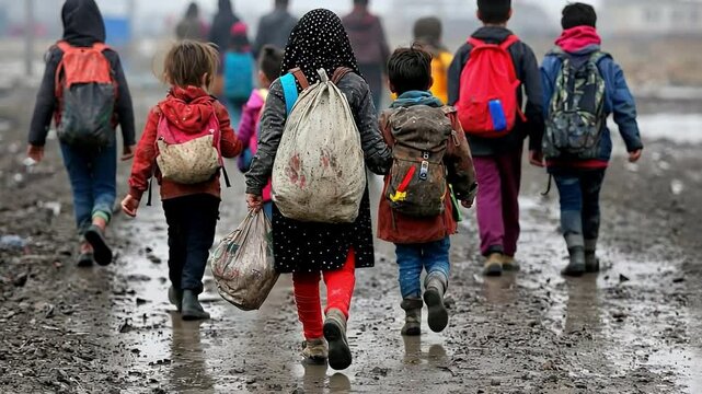 A poignant scene of refugees traversing a stark landscape, carrying tattered bags with their few belongings.
